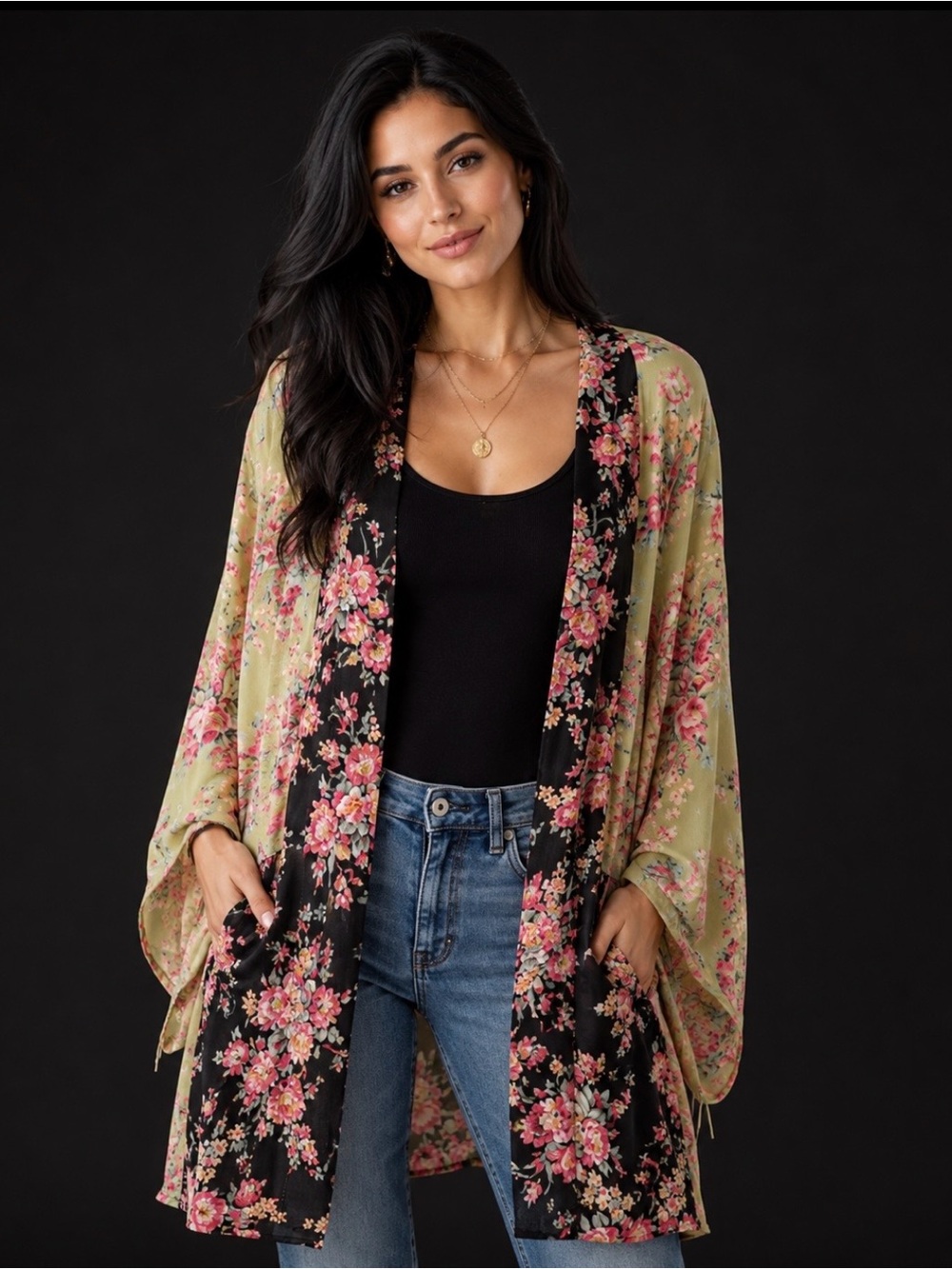 🪷🌷🍄‍🟫Floral Kimono in Black & Pale Green, sz sm, fits up to Lge, POCKETS🍄‍🟫🍁🍁🌻
